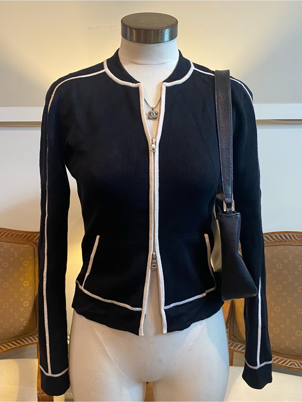 Elie Tahari Black Merino Wool Zip-Up Jacket with White Trim Zip Front Size S